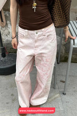 High Waist Retro Printed Long Pink Pants