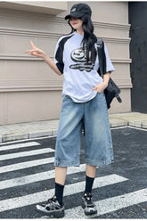 Loose Reversed Style Mid Length Jeans Pants