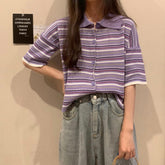 Loose Turn Down Knitted Striped Shirt
