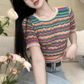 Short Sleeve O-Neck Striped Knitted Slim Shirt