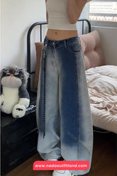 High Waist Loose Dark Blue Gradient Jeans Pants
