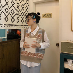 Retro Pattern V-Neck Sleeveless Vest Sweater
