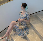 Flowers Pattern Puff Sleeve Split Dress
