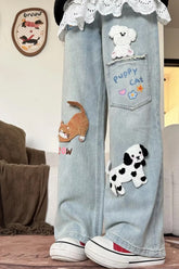 Cute 3D Cat and Dog Embroidered Casual Jeans Pants