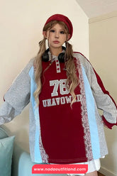 Long Sleeve Striped Colors Lace Patchwork Vintage Sweatshirt