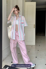 Short Sleeve Butterfly Pocket Pattern Pastel Striped Colors Blouse Shirt