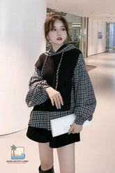 Loose Two Style Hooded Plaid Sweatshirt