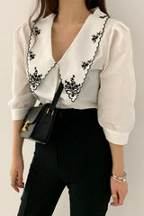 Elegant Floral Embroidered Retro Collar Blouse Shirt