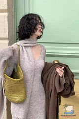 Long Sleeve Vintage Kniited Slim Fit Dress With Scarf