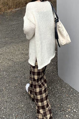 Loose Coffee Plaid Casual Long Pants