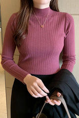 Long Sleeve Semi High Neck Knitted Slim Sweater