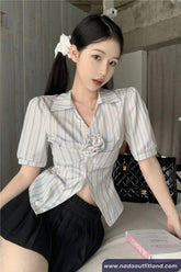 Sexy 3D Flower Striped Elegant Cropped Blouse Shirt