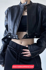 Long Sleeve Sexy Cropped Leather Zipper Jacket