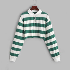 Colors Striped Long Sleeve Collar Cropped Shirt