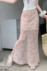 High Waist Pink Floral Long Mermaid Skirts