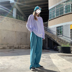 Elastic Waist Blue Corduroy Long Pants