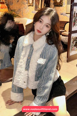 Long Sleeve Turn Down Collar Lamb Wool Cropped Jacket