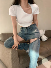 High Waist Irregular Zipper Loose Jeans Pants