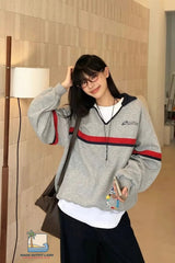 Long Sleeve Grey Striped Pattern Lapel Collar Retro Sweatshirt