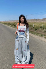 Loose Cute Dog Pattern Embroidered Wide Leg Sweatpants