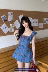 Vintage Square Collar Floral Pattern Mini Dress