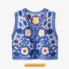 Sleeveless Floral Embroidered Blue Crochet Vest Sweater
