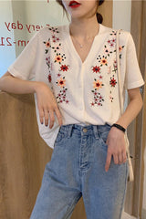 Short Sleeve V-Neck Floral Embroidered Shirts