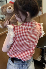 Sleeveless Plaid Pattern Cute Lace Shirt