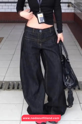 High Waist Washed Black Style Loose Jeans Pants