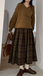 Vintage A-Line Woolen Thick Long Plaid Skirts