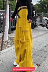 High Waist Cargo Pockets Zipper Wide Leg Pants
