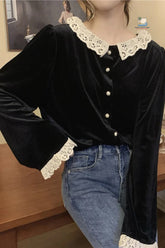 Elegant Lace Ruffle Patchwork Velvet Blouse Shirt