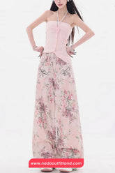 High Waist Floral Pattern Pink Pants