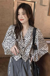 V-Neck Leopard Pattern Lace Up Slim Blouse Shirt