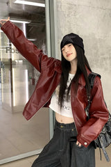 Red Leather Lapel Jacket �Bold Statement Outerwear for Modern Style