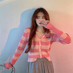 V-Neck Stripes Cropped Casual Cardigan Sweater