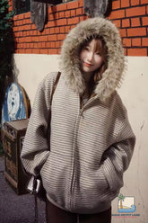 Long Sleeve Striped Faux Fur Style Hooded Sweatshirt
