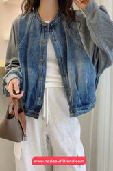Loose O-Neck Denim Patchwork Sweatshirt