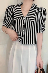 Striped Puff Sleeve Turn Down Collar Blouse Shirt