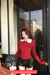 Long Sleeve Polka Dot Collar Red Cardigan Sweater