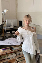 Long Sleeve Bow Bandage Sexy One Shoulder Blouse Shirt