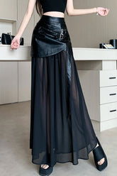 High Waist Mesh Leather A-Line Long Skirts