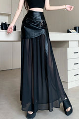 High Waist Mesh Leather A-Line Long Skirts