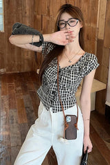 Short Sleeve Sexy V-Neck Plaid Slim Blouse Shirt
