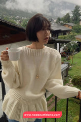 Long Sleeve O-Neck Ruffles Patchwork Knitted Sweater
