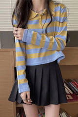 Long Sleeve Turn Down Collar Striped Slim Sweater