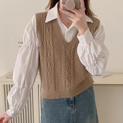 V-Neck Solid Knitted Vest Sweater