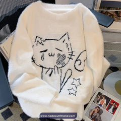 Loose O-Neck Cat Pattern Knitted Cute Sweater