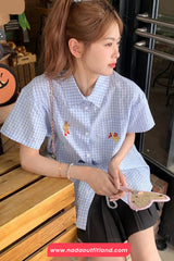 Short Sleeve Cute Bear Embroidery Plaid Blouse Shirt