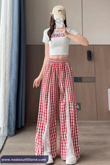 Loose Plaid Pattern With Lace Patchwork Pants